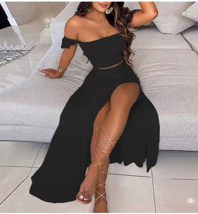 Colour block 2 piece split skirt sets