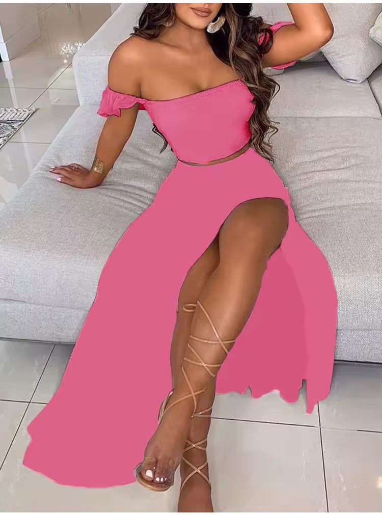 Colour block 2 piece split skirt sets