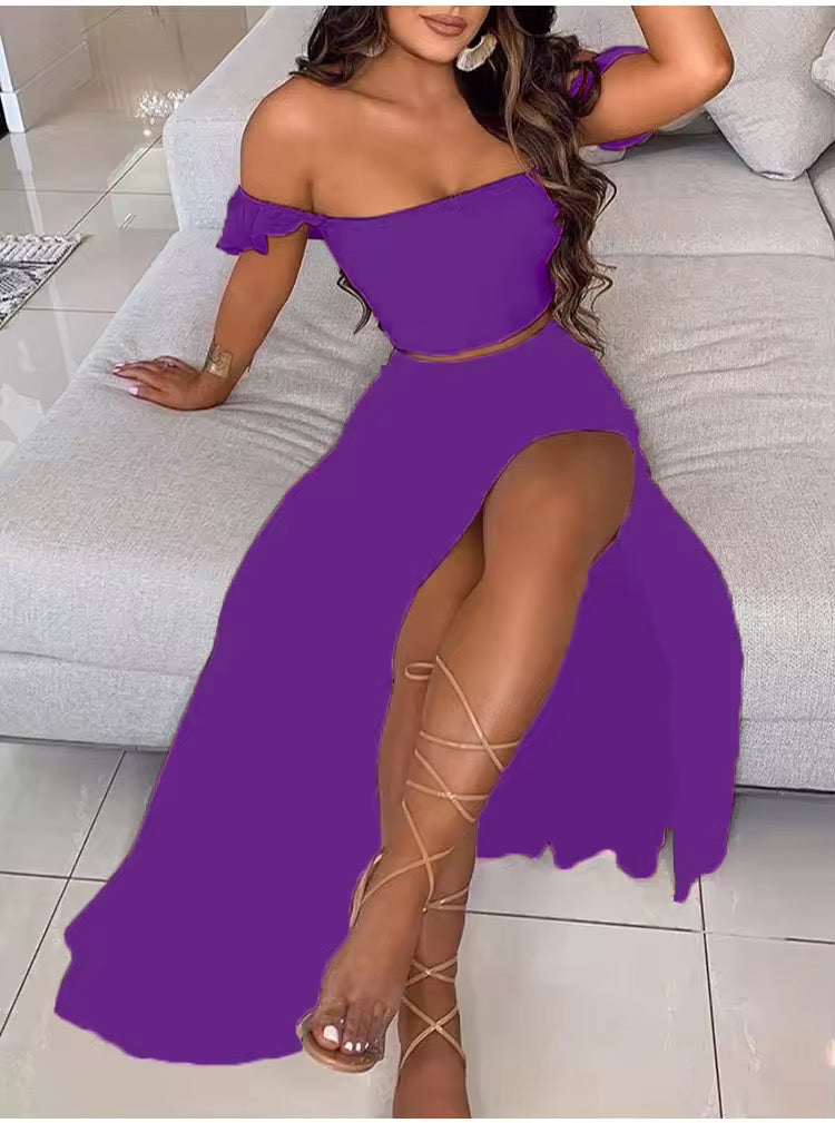 Colour block 2 piece split skirt sets