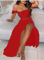 Colour block 2 piece split skirt sets