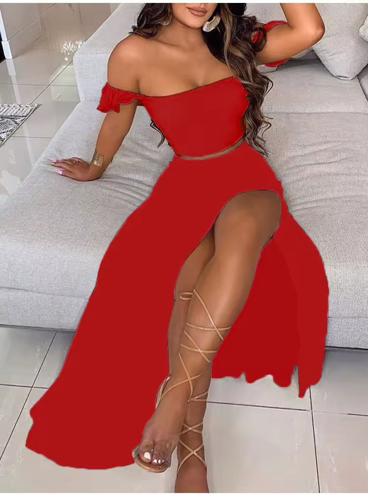 Colour block 2 piece split skirt sets