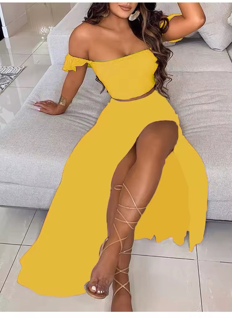 Colour block 2 piece split skirt sets