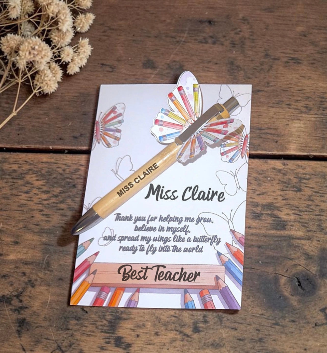 Engraved teachers pen and card