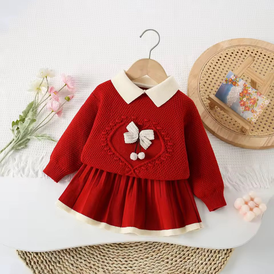 Knitted bow jumper and skirt sets
