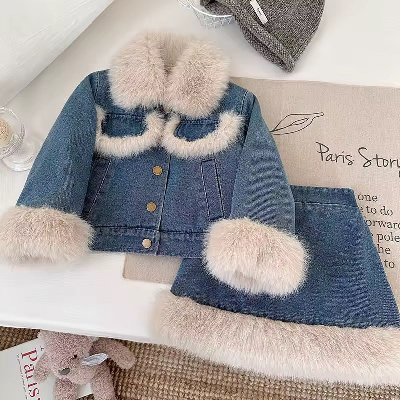 Girls luxury denim padded jacket and skirt set with faux fur edging