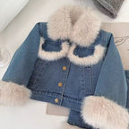 Girls luxury denim padded jacket and skirt set with faux fur edging