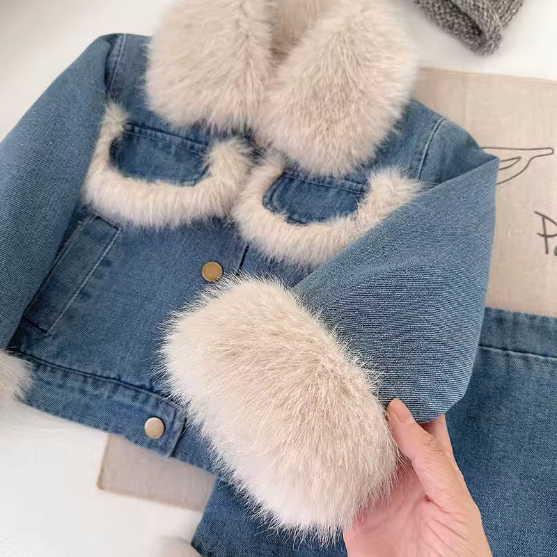 Girls luxury denim padded jacket and skirt set with faux fur edging