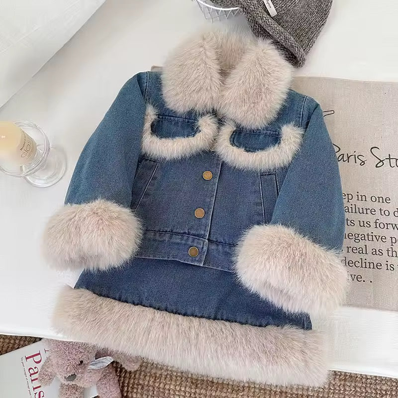 Girls luxury denim padded jacket and skirt set with faux fur edging