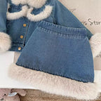 Girls luxury denim padded jacket and skirt set with faux fur edging