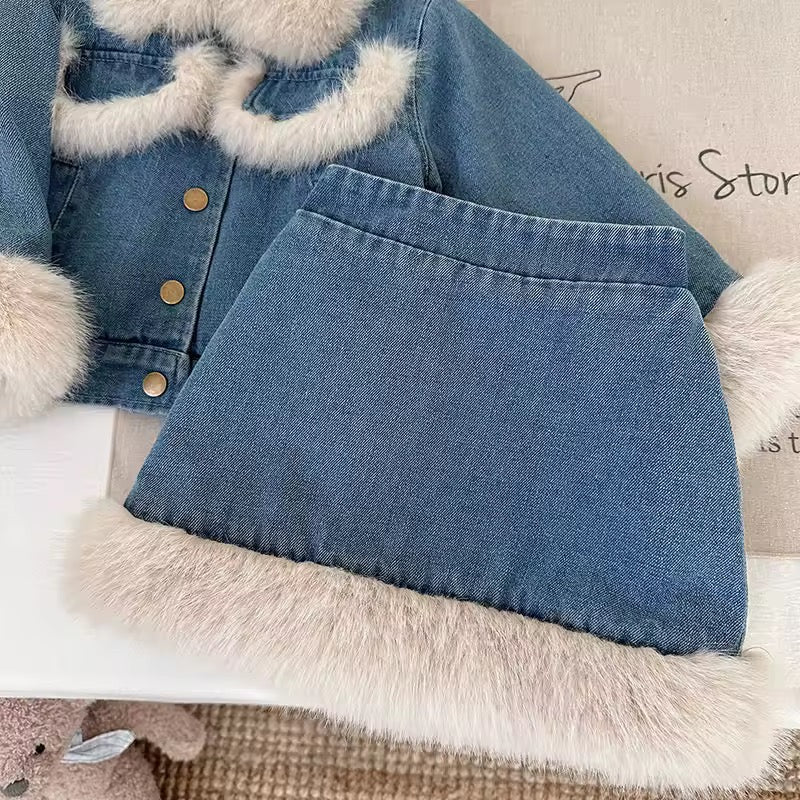 Girls luxury denim padded jacket and skirt set with faux fur edging