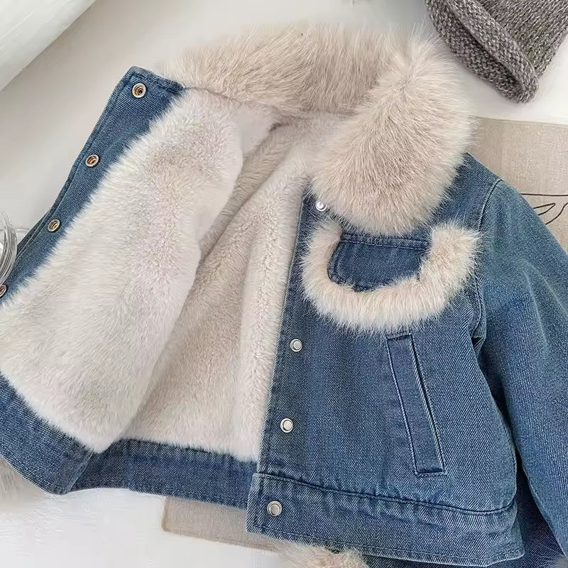 Girls luxury denim padded jacket and skirt set with faux fur edging