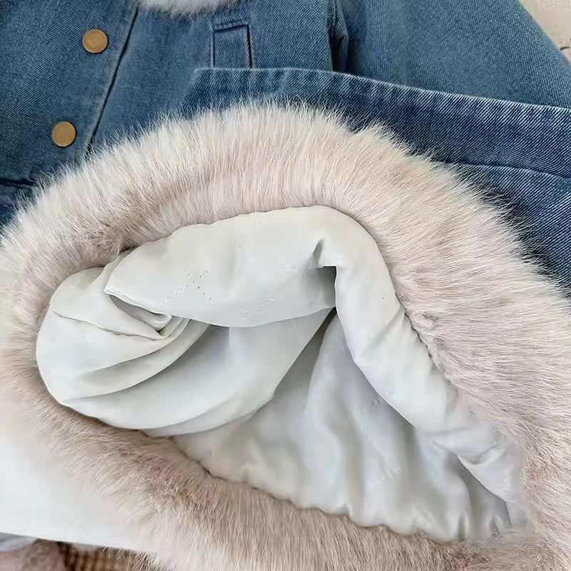 Girls luxury denim padded jacket and skirt set with faux fur edging