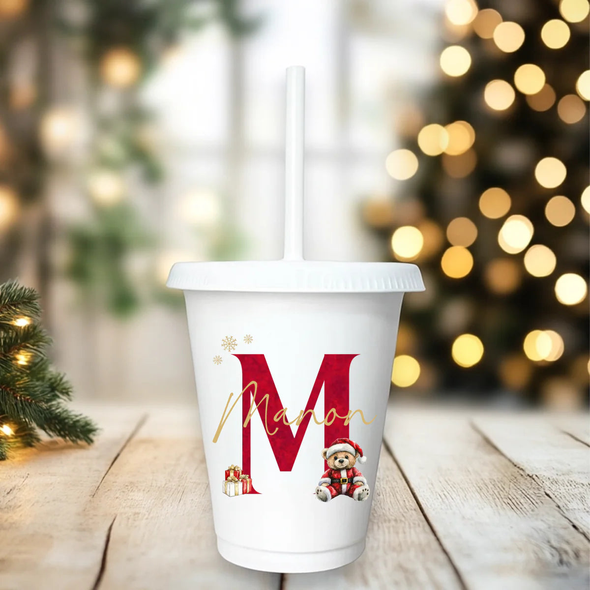 Santa bear initial personalised 16oz cold cup