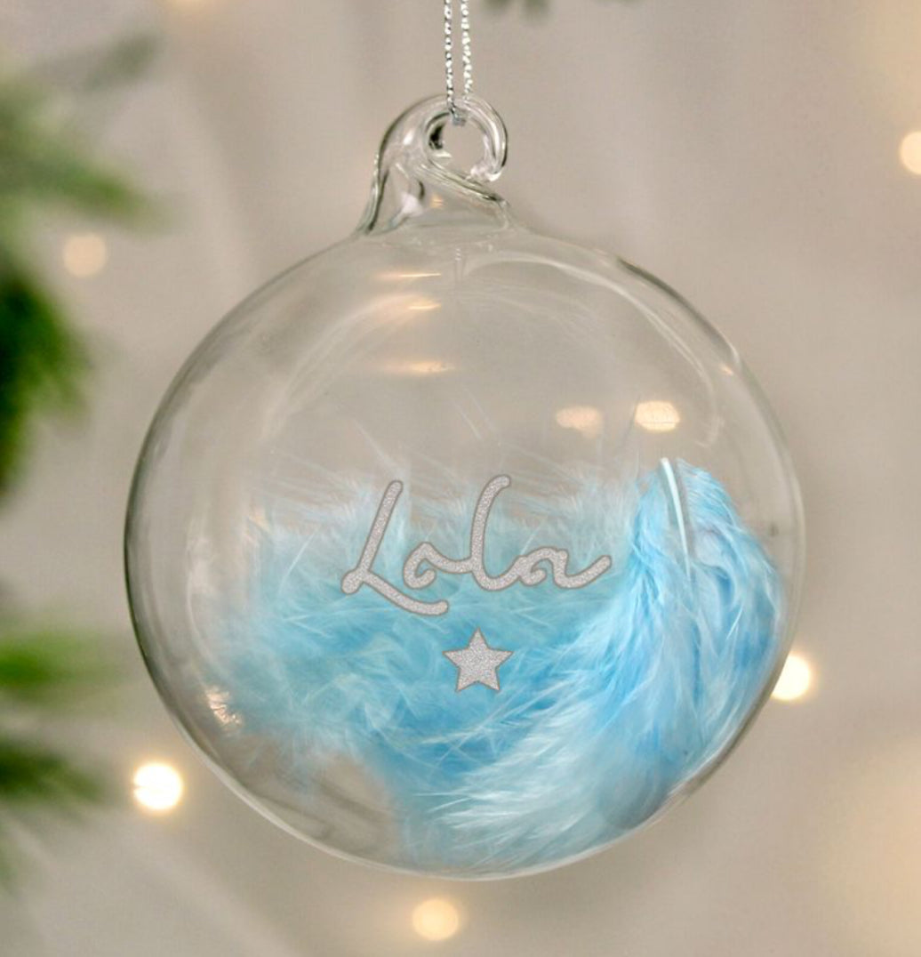 Personalised Blue Feather Silver Star Glass Bauble
