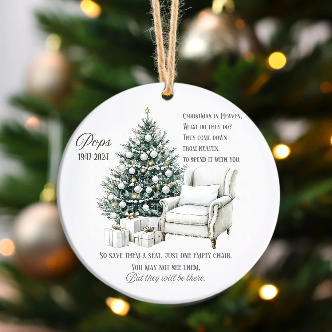 Personalised ceramic save them a chair bauble