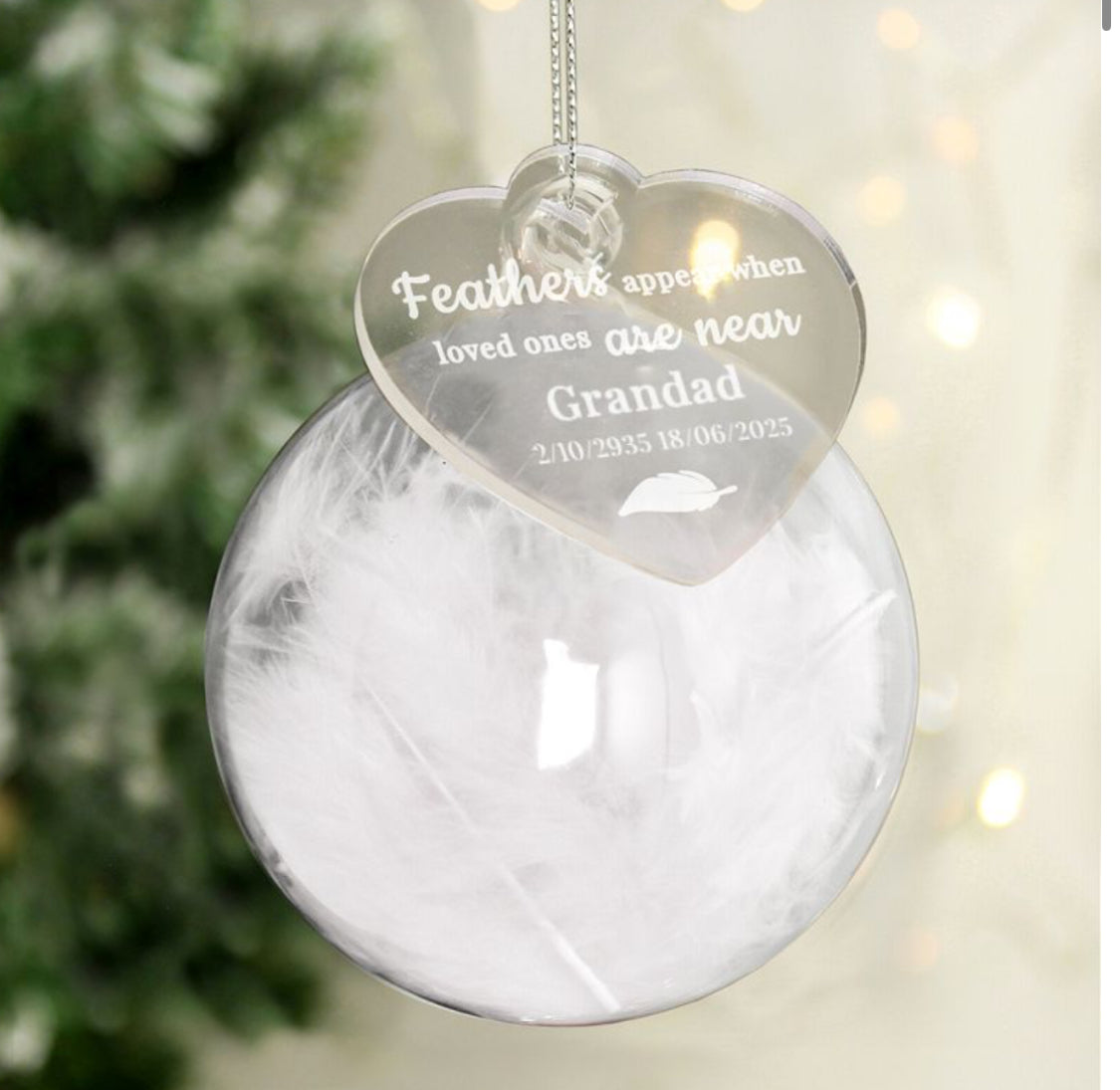 Personalised Memorial Feather Bauble- 3 colours