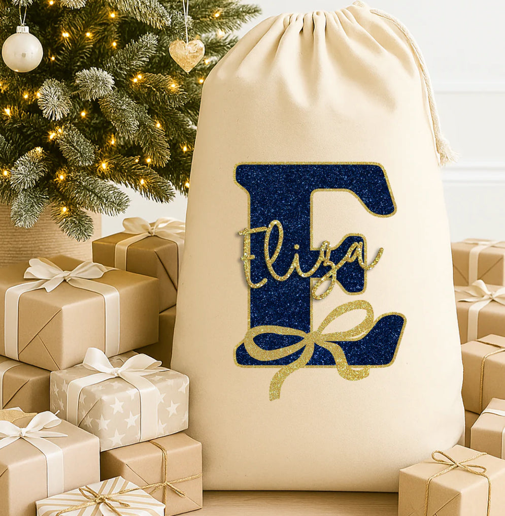 Personalised navy and gold sack