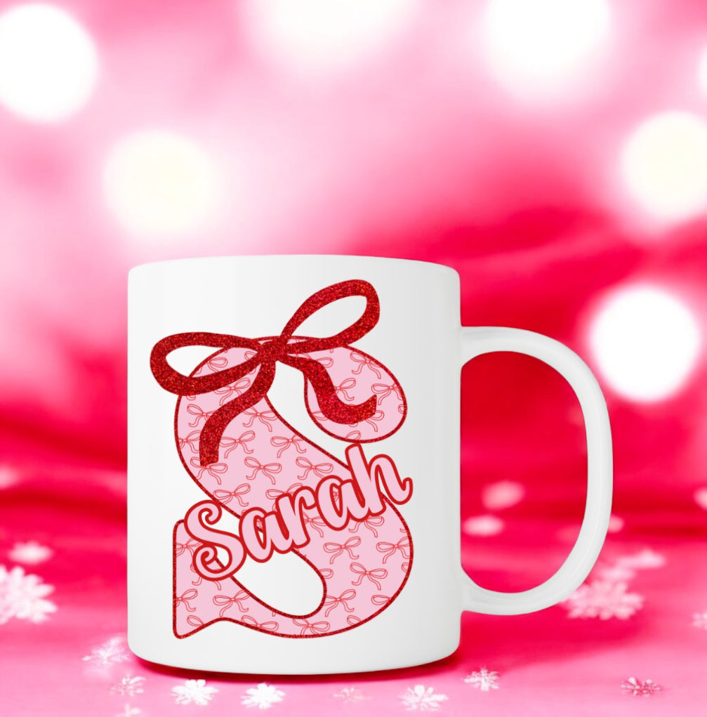 Red/pink bow initial mug 11oz