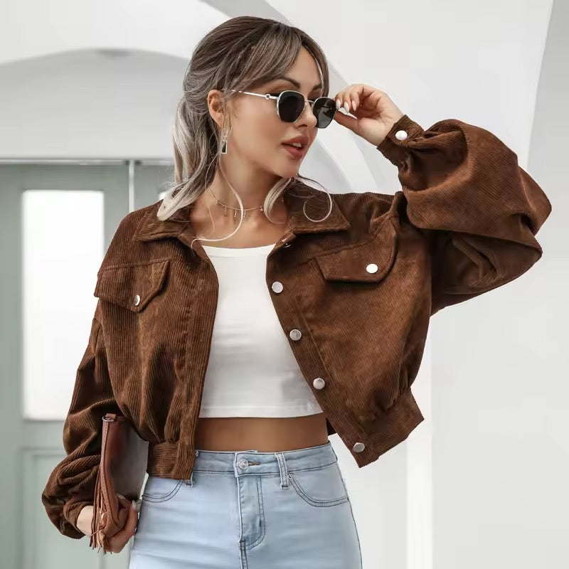 Turn-down Collar Corduroy Loose Women's Jacket