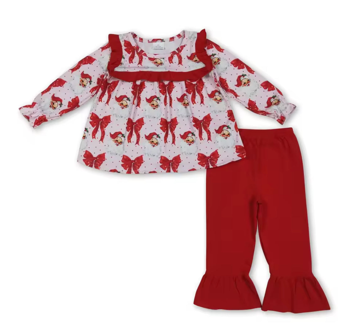 Girls Red Santa Bows Long Sleeves Tunic Ruffle Pant Set