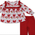 Girls Red Santa Bows Long Sleeves Tunic Ruffle Pant Set