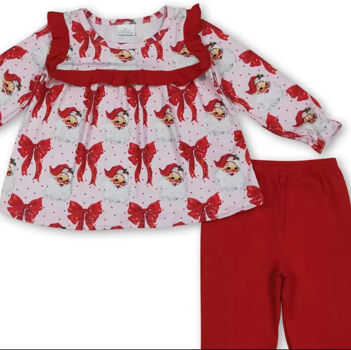Girls Red Santa Bows Long Sleeves Tunic Ruffle Pant Set