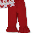 Girls Red Santa Bows Long Sleeves Tunic Ruffle Pant Set