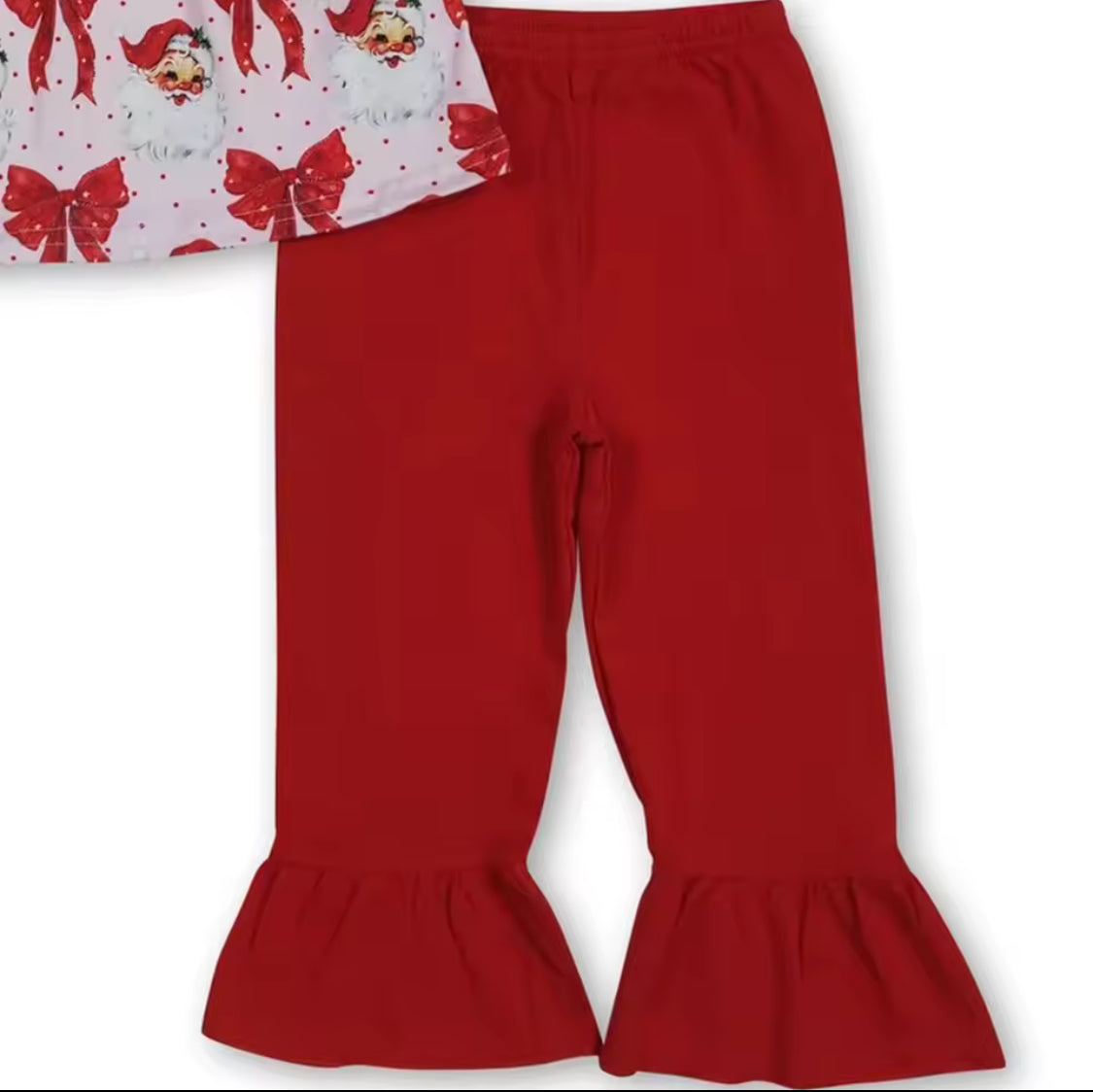 Girls Red Santa Bows Long Sleeves Tunic Ruffle Pant Set