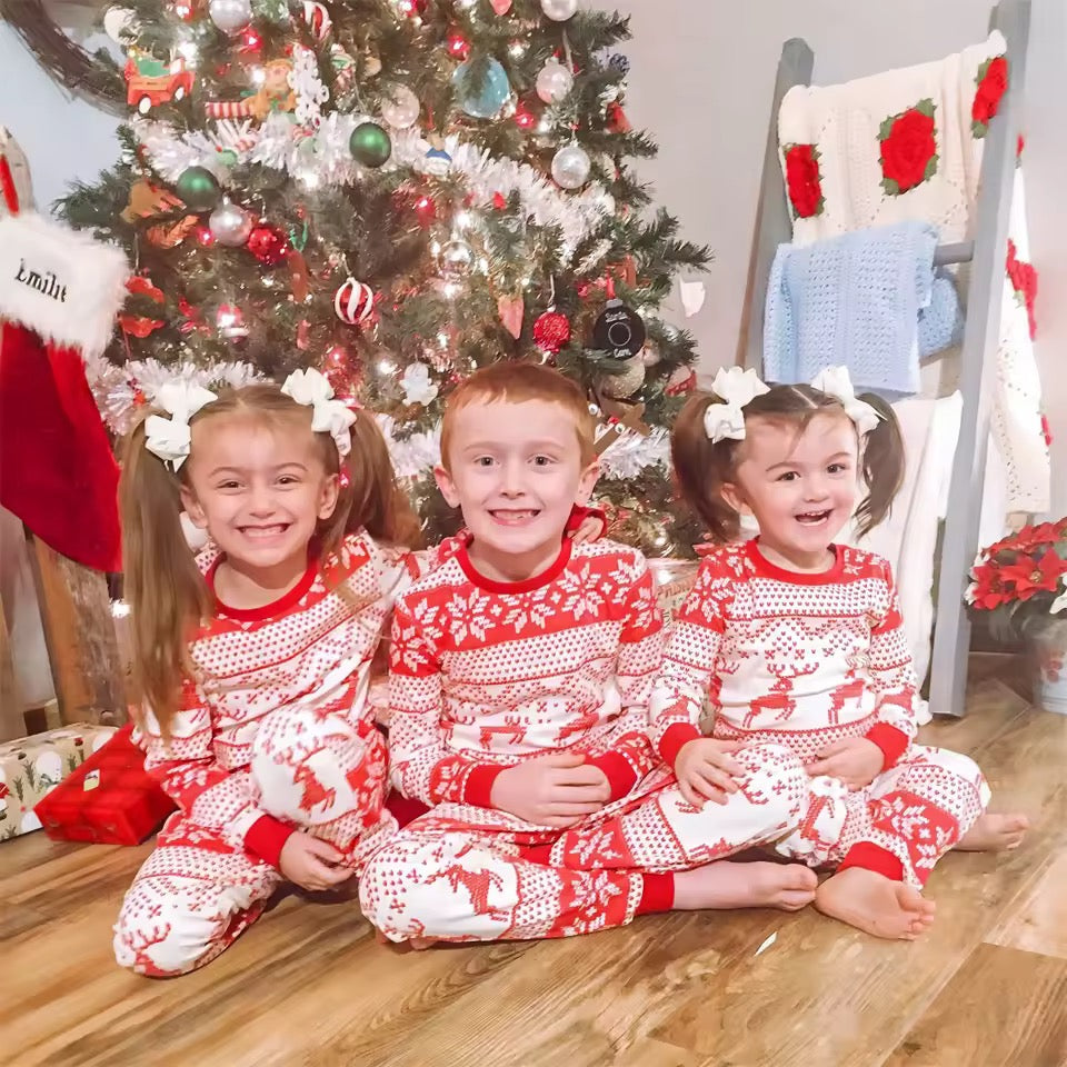 Matching Family Christmas Pyjamas – Red & White Elk Print