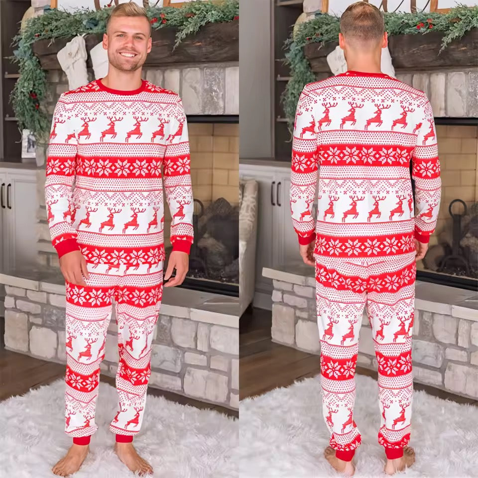 Matching Family Christmas Pyjamas – Red & White Elk Print