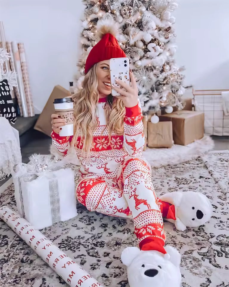 Matching Family Christmas Pyjamas – Red & White Elk Print