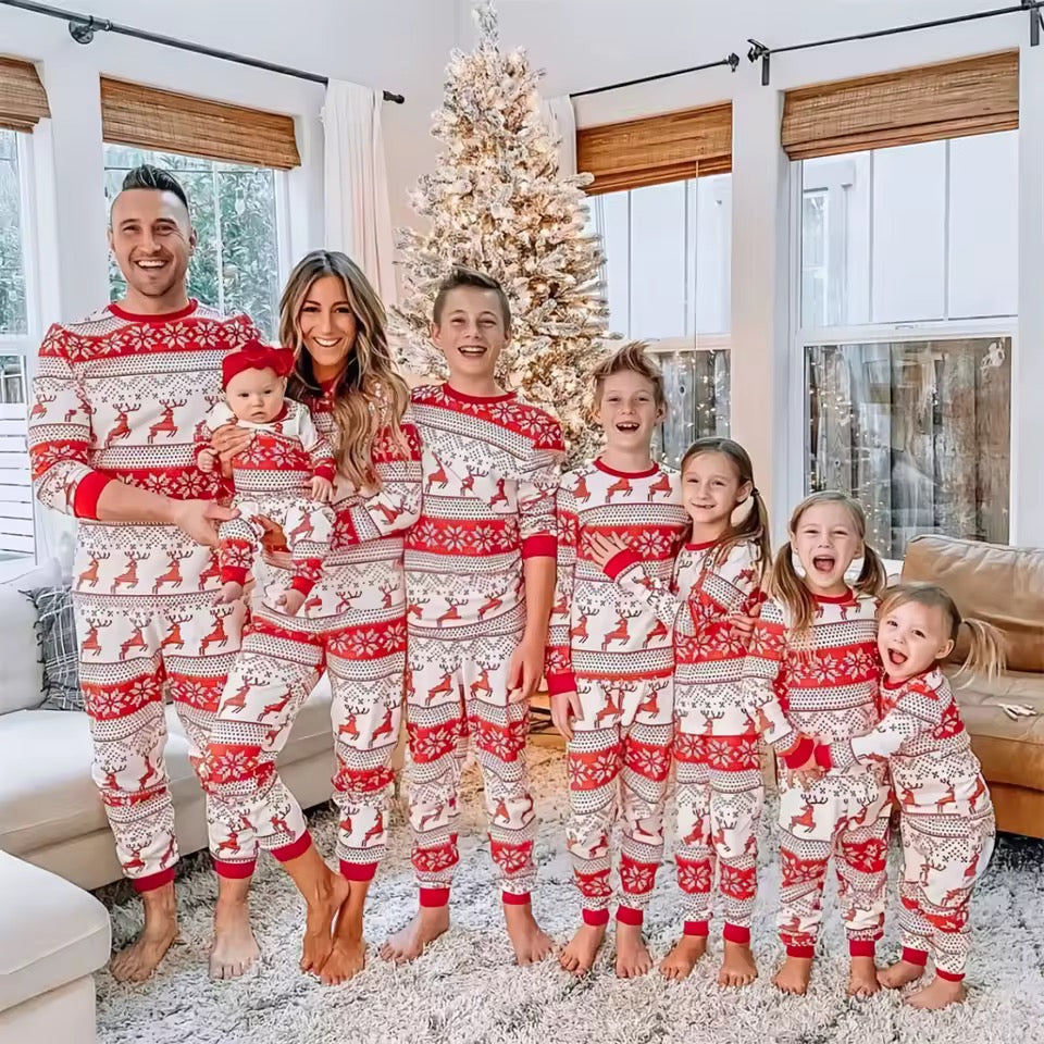 Matching Family Christmas Pyjamas – Red & White Elk Print
