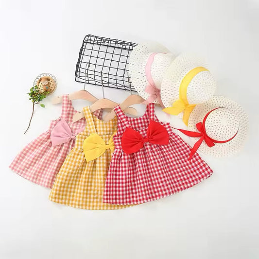 Plaid sweet bow dress and hat