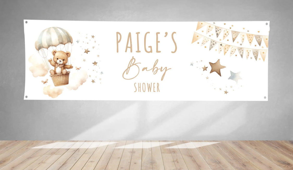 Bear In Hot Air Balloon Baby Shower PVC Banner 1ft x 3ft