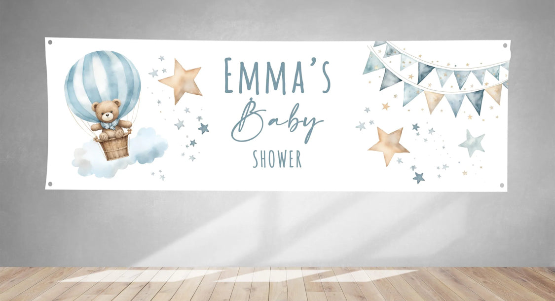 Bear In Hot Air Balloon Baby Shower PVC Banner 1ft x 3ft