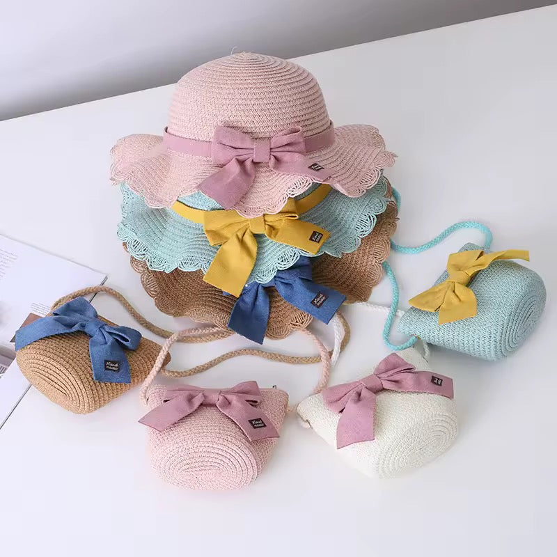 Personalised straw hat bow and bag