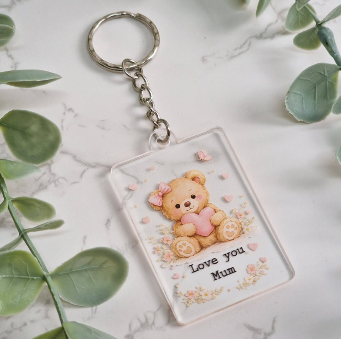 Personalised Love You Blue or pink Teddy Bear Keyring UV Printed Acrylic - Fully Finished Product