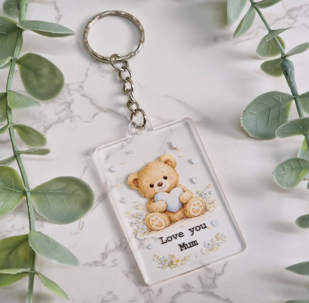 Personalised Love You Blue or pink Teddy Bear Keyring UV Printed Acrylic - Fully Finished Product