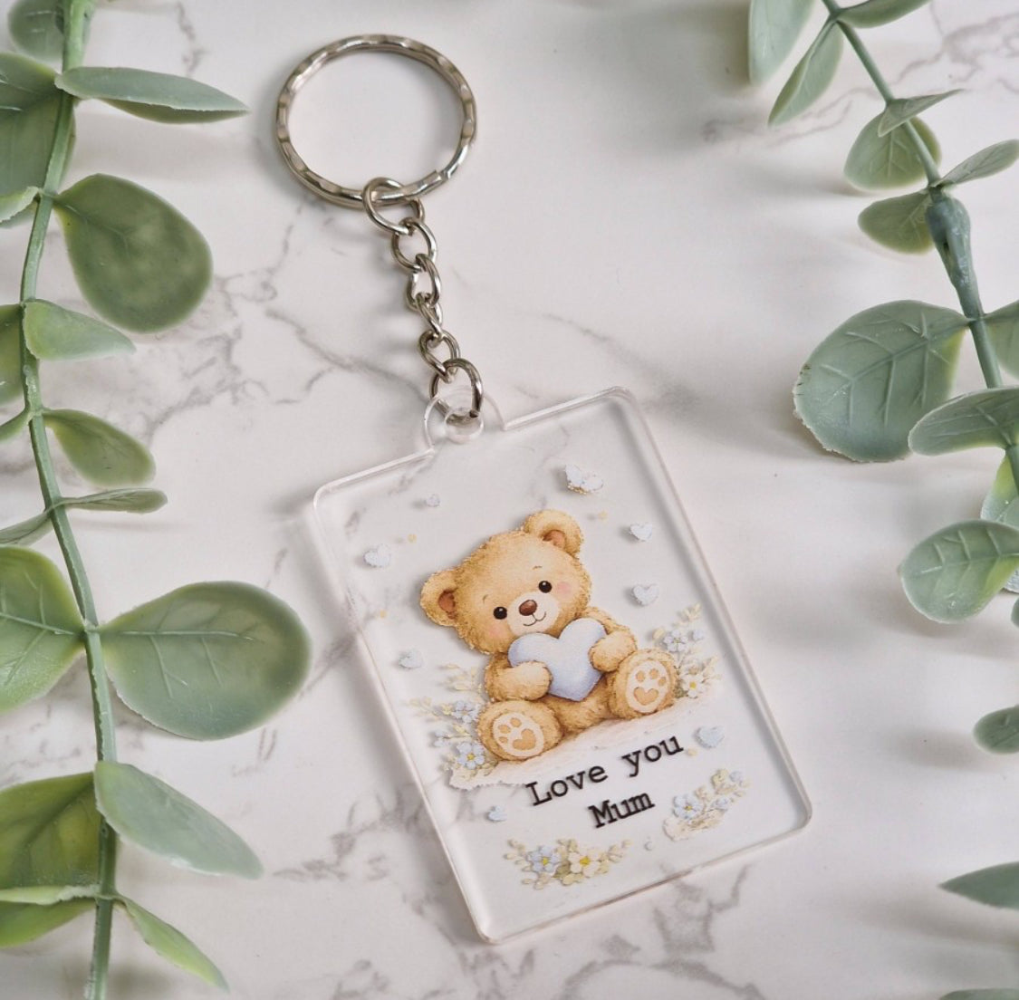 Personalised Love You Blue or pink Teddy Bear Keyring UV Printed Acrylic - Fully Finished Product