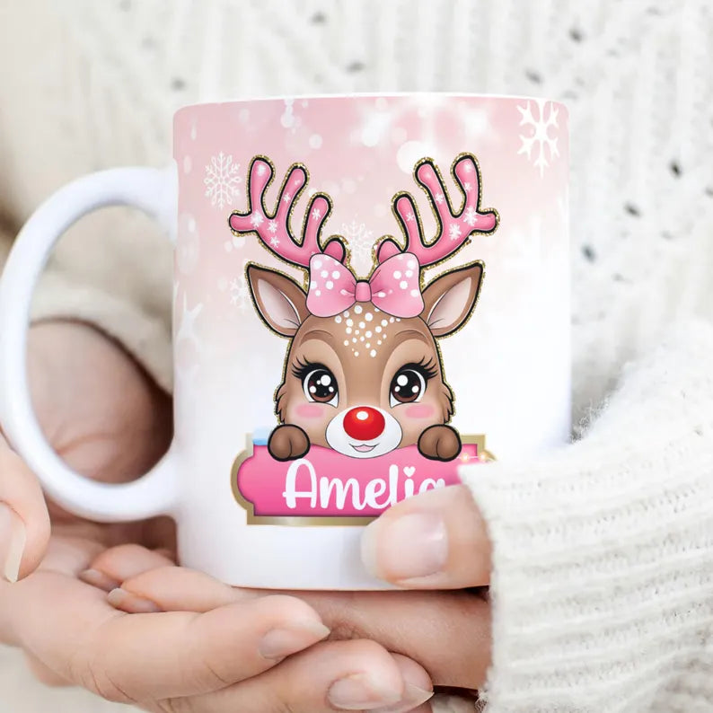 Personalised reindeer 11oz mug pink/blue