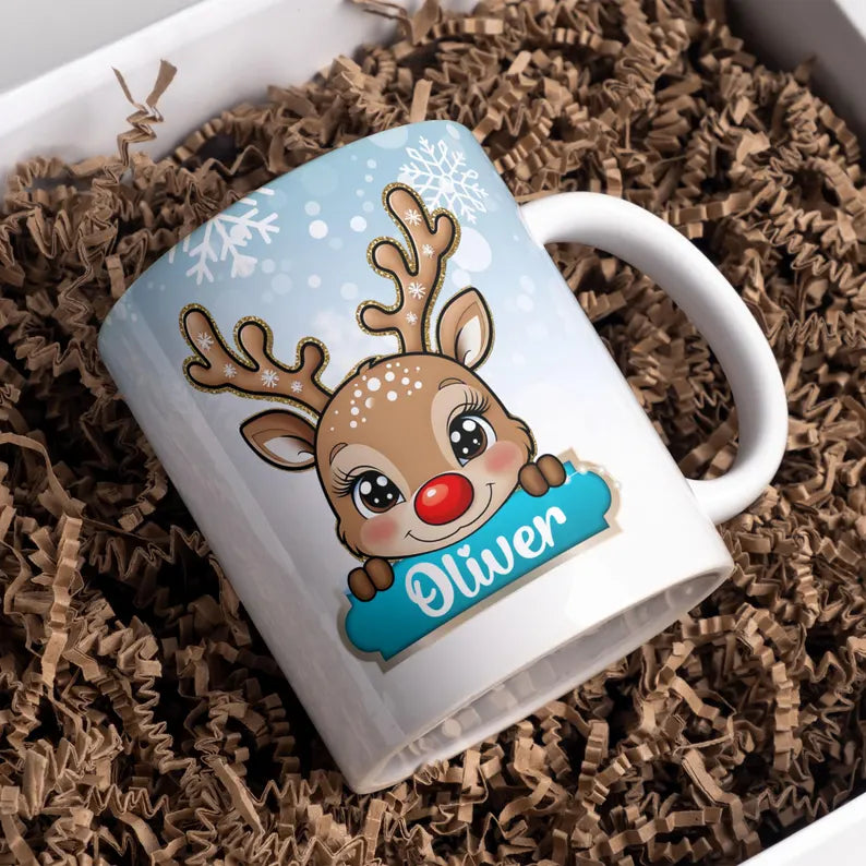 Personalised reindeer 11oz mug pink/blue