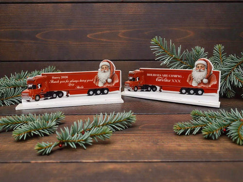 Acrylic personalised Santa cola truck plaque and stand