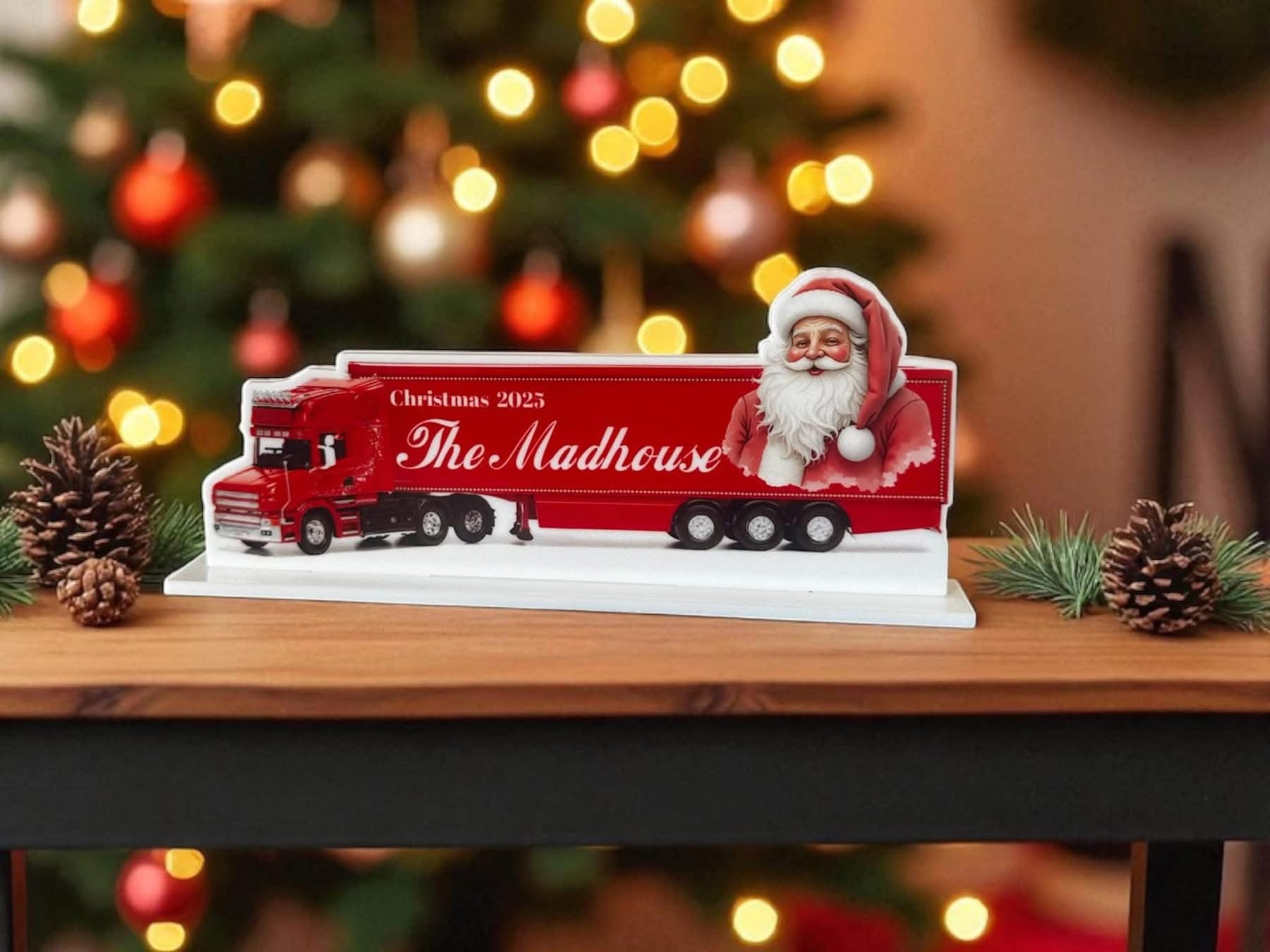 Acrylic personalised Santa cola truck plaque and stand