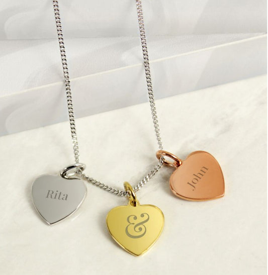 Personalised Couples Gold Rose Gold and Silver 3 Hearts Necklace