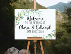 Welcome wedding boards greenery