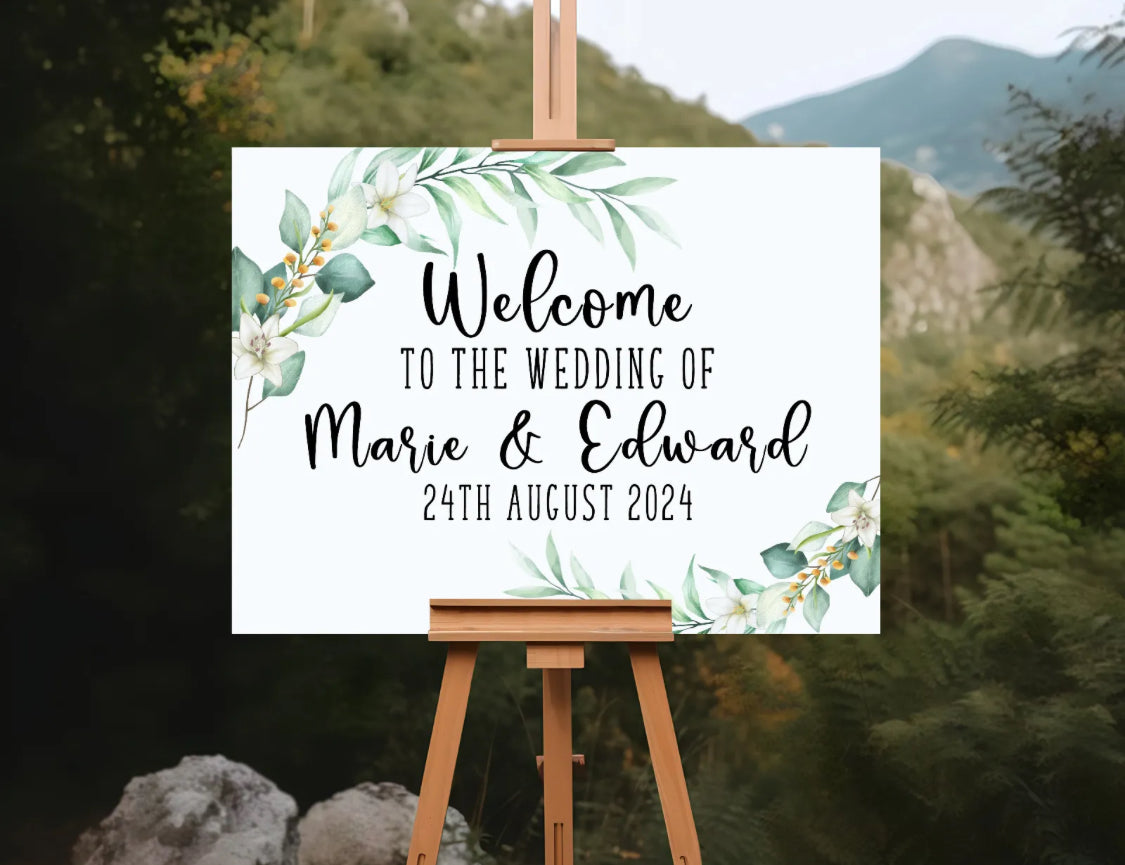 Welcome wedding boards greenery