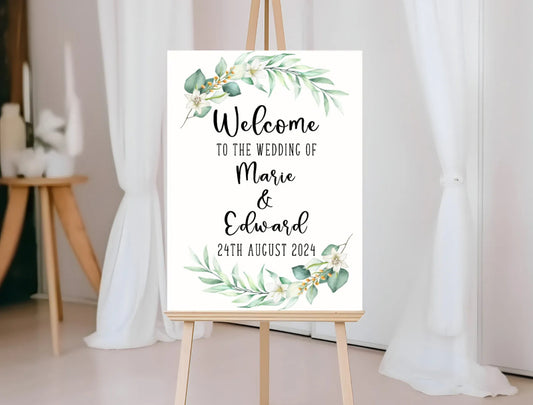 Welcome wedding boards greenery