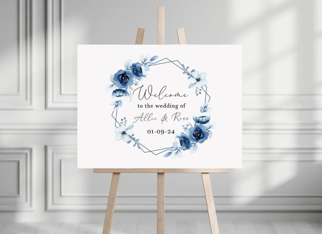 Welcome wedding boards blue flowers