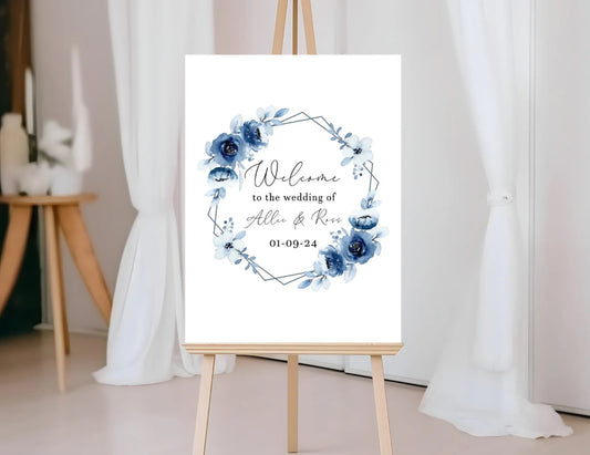 Welcome wedding boards blue flowers