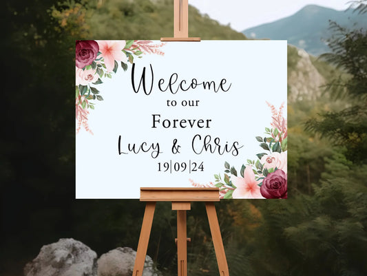 Welcome wedding boards white & burgundy